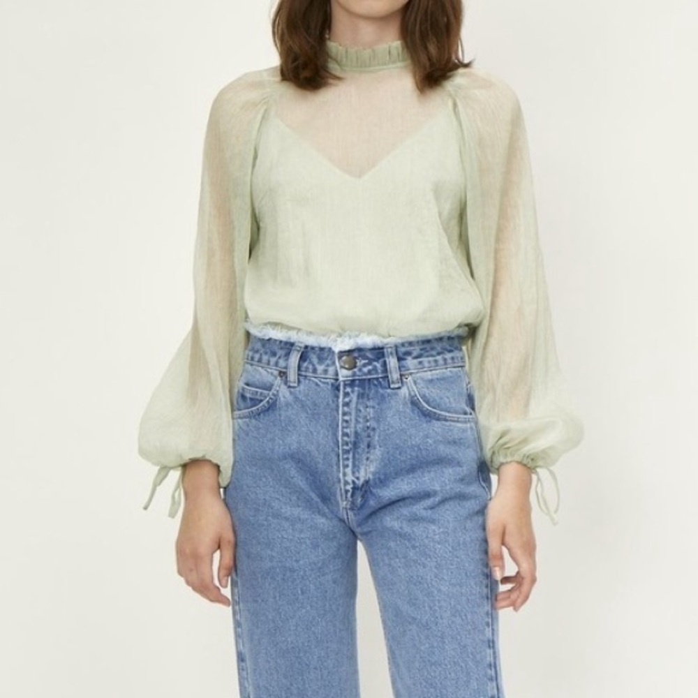NWT JUST FEMALE Sanne Blouse semi sheer agate gray mint Medium Anthropologie